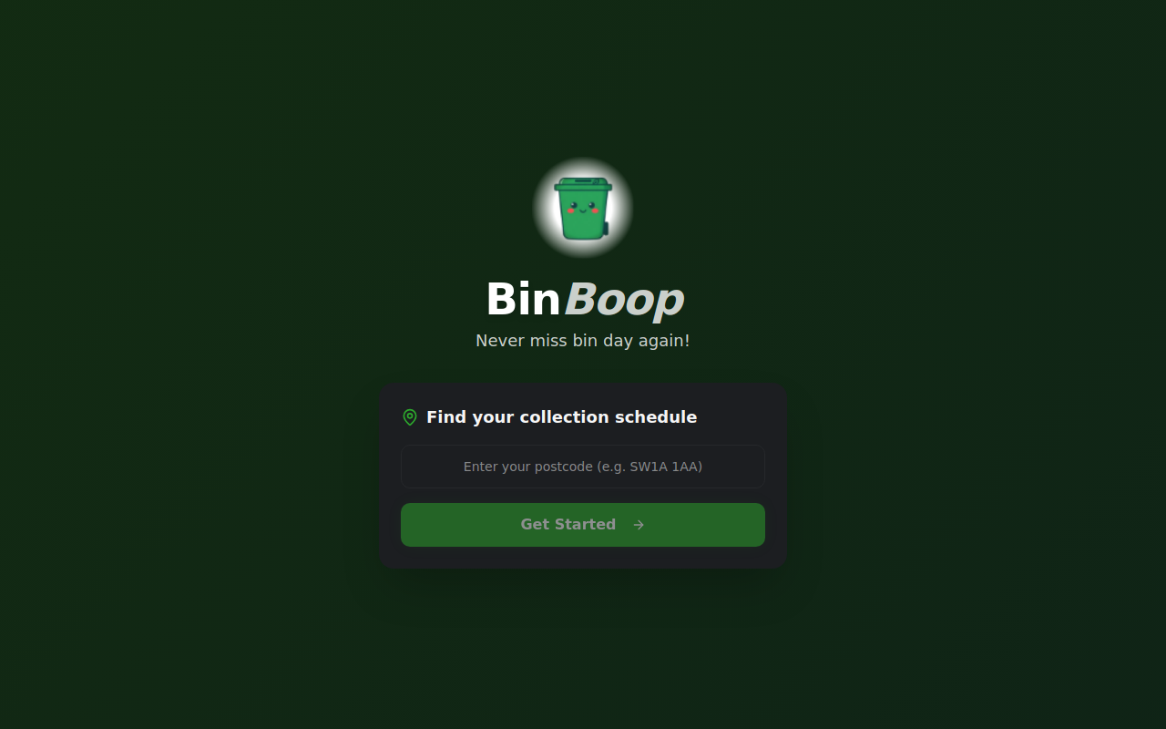 BinBoop.co.uk live project example: bin collection reminders homepage
